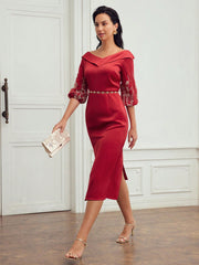 FOLDOVER V-NECK EMBROIDERY LANTERN SLEEVE DRESS