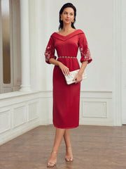 FOLDOVER V-NECK EMBROIDERY LANTERN SLEEVE DRESS