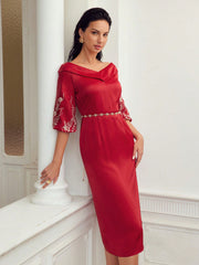 FOLDOVER V-NECK EMBROIDERY LANTERN SLEEVE DRESS