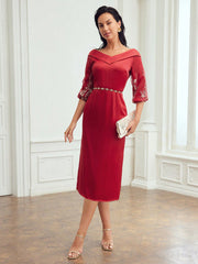 FOLDOVER V-NECK EMBROIDERY LANTERN SLEEVE DRESS