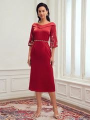 FOLDOVER V-NECK EMBROIDERY LANTERN SLEEVE DRESS