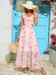 Bohemian Chiffon Printed Dress With V-Neck Waistband And High Slit For Women On Vacation