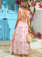 Bohemian Chiffon Printed Dress With V-Neck Waistband And High Slit For Women On Vacation