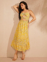 Twist Cut Out Ruffle Hem Print Dress