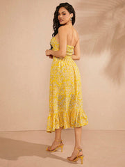 Twist Cut Out Ruffle Hem Print Dress