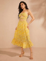 Twist Cut Out Ruffle Hem Print Dress