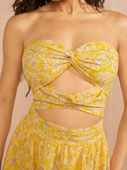 Twist Cut Out Ruffle Hem Print Dress
