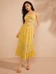 Twist Cut Out Ruffle Hem Print Dress