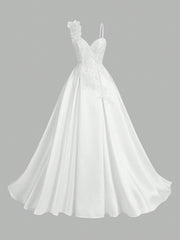 White Luxury Lace Embroidered 3D Flower Neck Design With Bright Satin Lace Flower Wedding Dresses