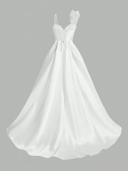 White Luxury Lace Embroidered 3D Flower Neck Design With Bright Satin Lace Flower Wedding Dresses