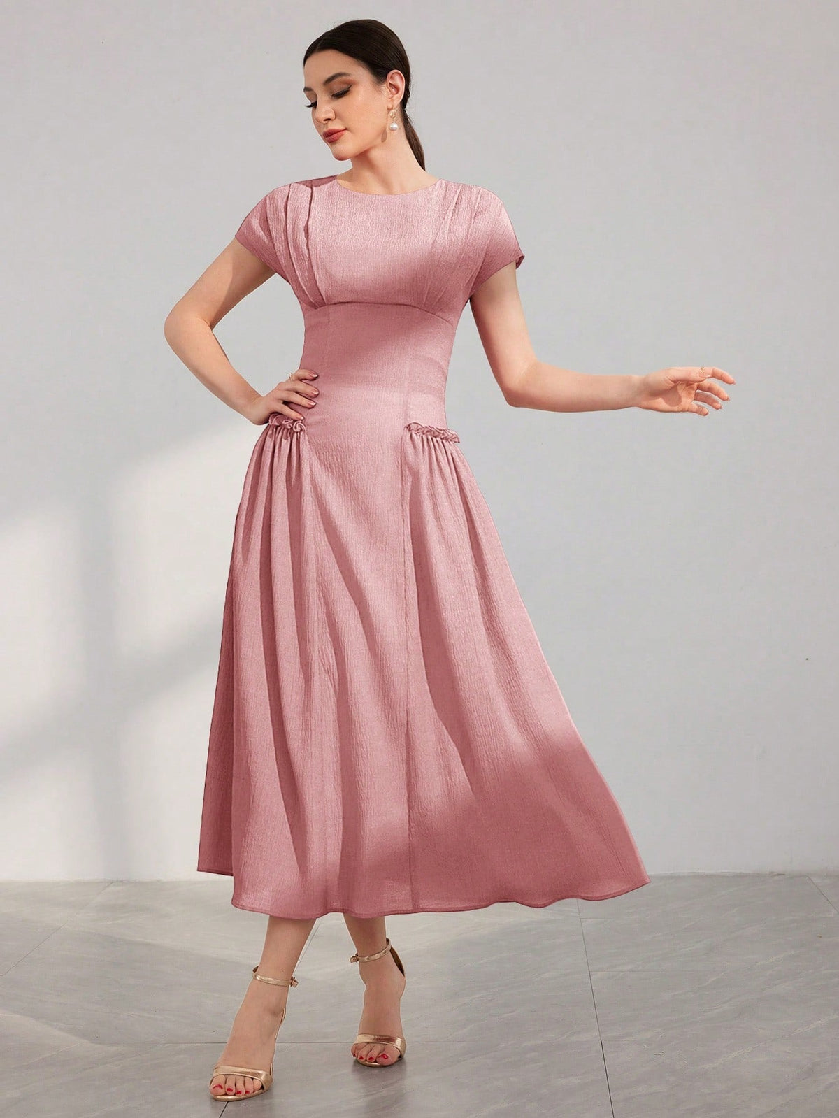 Women's Summer Solid Color Round Neck Cap Sleeve Dress With Elegant Ruffle Hem