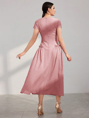Women's Summer Solid Color Round Neck Cap Sleeve Dress With Elegant Ruffle Hem