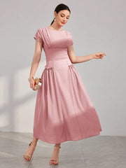 Women's Summer Solid Color Round Neck Cap Sleeve Dress With Elegant Ruffle Hem