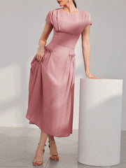 Women's Summer Solid Color Round Neck Cap Sleeve Dress With Elegant Ruffle Hem