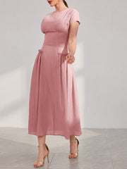 Women's Summer Solid Color Round Neck Cap Sleeve Dress With Elegant Ruffle Hem