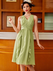 Vintage Elegant Women's Dress, Loose Fit, V Neck Mesh Chiffon, Ruched Ruffle Hem, Sleeveless, Pearl Button, Holiday Green Umbrella-Shaped Hem, Spring/Summer Summer Dress Maxi Dress Summer Outfits Women Vintage Clothes Coquette Midi Women Dresses Formal D