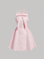 Pink Vintage Jacquard Texture Sleeveless Dress With Bowknot Neckline, Shirred Waistband And Fluffy A-Line Hem