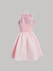 Pink Vintage Jacquard Texture Sleeveless Dress With Bowknot Neckline, Shirred Waistband And Fluffy A-Line Hem