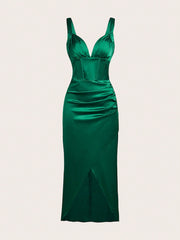 Green Sexy Waist-Enhancing Slim Fit Women Formal Dress Long Skirt