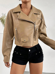 Fashion Solid Color Short Faux Leather Jacket With Lapel Collar And Zip Design