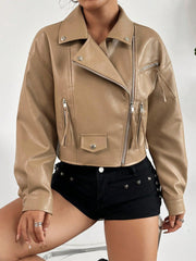 Fashion Solid Color Short Faux Leather Jacket With Lapel Collar And Zip Design