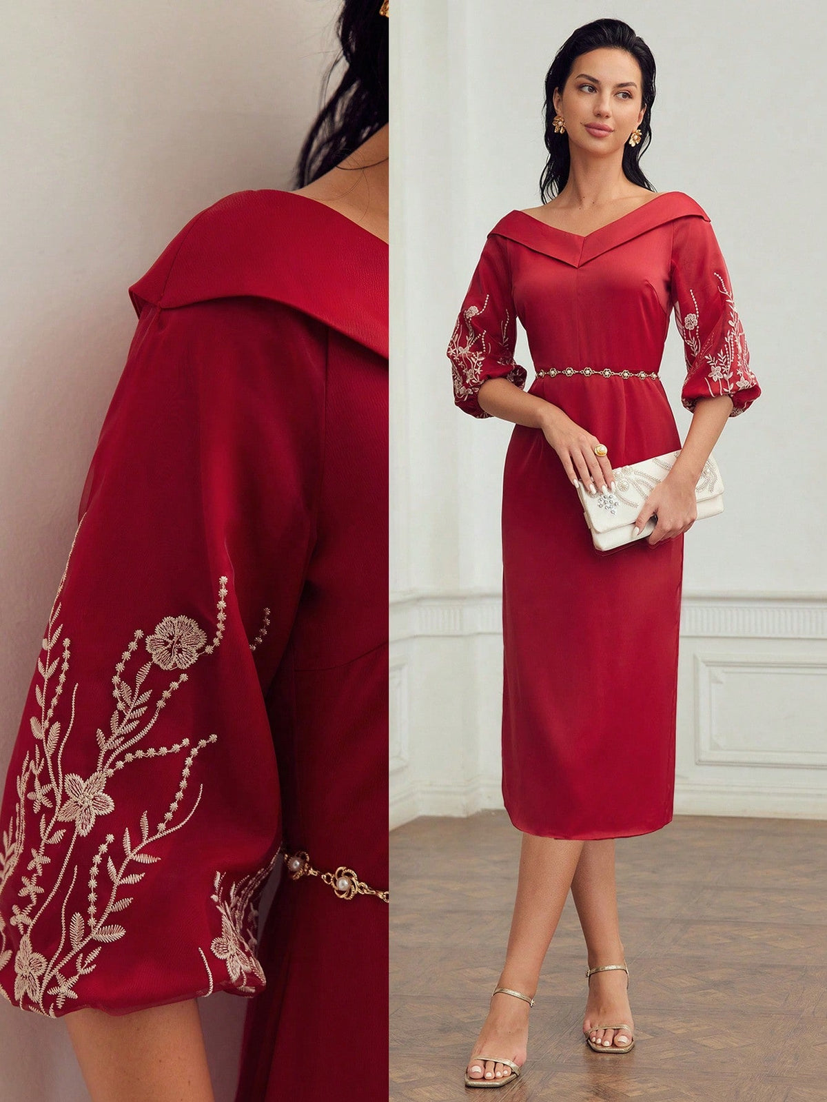 FOLDOVER V-NECK EMBROIDERY LANTERN SLEEVE DRESS