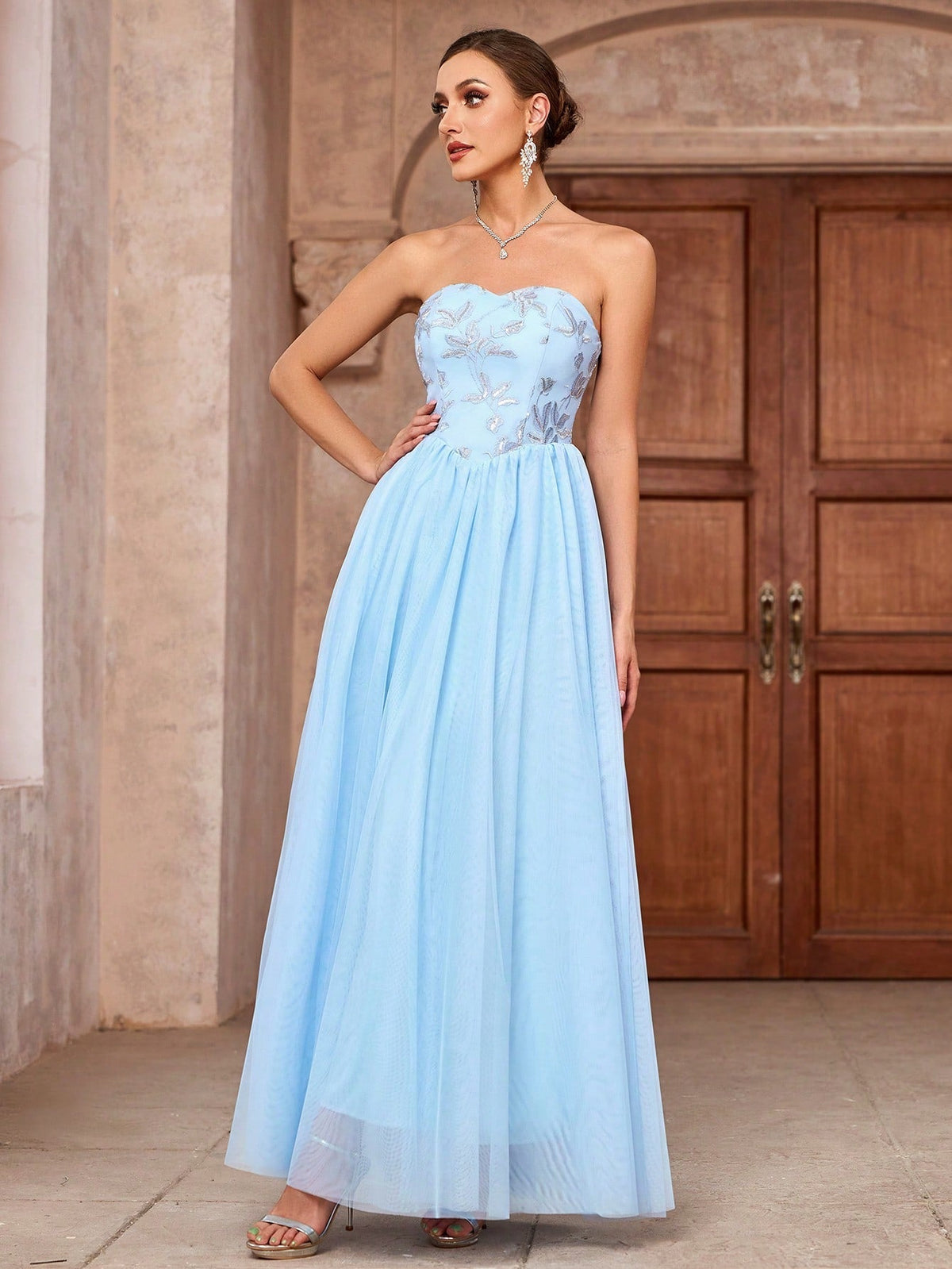 Women's Glitter Patchwork Strapless Evening Dress