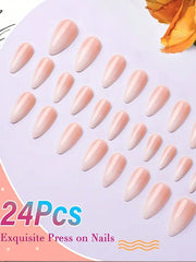 24pcs Medium Long Almond Shaped Nails, White Gradient Nude Press On Nails