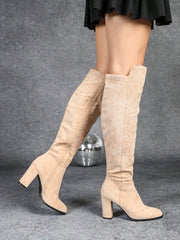 2024 Fall/Winter New Women Round Toe High Heel Side Zipper Knee High Boots, Thick Heel, Slim Fitting, Elastic Rider Boots