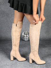 2024 Fall/Winter New Women Round Toe High Heel Side Zipper Knee High Boots, Thick Heel, Slim Fitting, Elastic Rider Boots