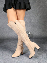 2024 Fall/Winter New Women Round Toe High Heel Side Zipper Knee High Boots, Thick Heel, Slim Fitting, Elastic Rider Boots