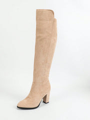 2024 Fall/Winter New Women Round Toe High Heel Side Zipper Knee High Boots, Thick Heel, Slim Fitting, Elastic Rider Boots