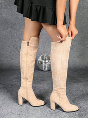 2024 Fall/Winter New Women Round Toe High Heel Side Zipper Knee High Boots, Thick Heel, Slim Fitting, Elastic Rider Boots