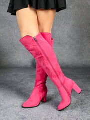 2024 Fall/Winter New Women Round Toe High Heel Side Zipper Knee High Boots, Thick Heel, Slim Fitting, Elastic Rider Boots