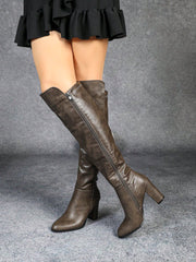 2024 Fall/Winter New Women Round Toe High Heel Side Zipper Knee High Boots, Thick Heel, Slim Fitting, Elastic Rider Boots