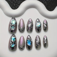 10pcs Handmade Long Almond Shape Press On Nails, Y2K Fake Nail, Glitter Full Cover Nails For Women