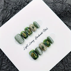 10 pcs Green Tone Square Short Press On Nails - Glossy Gradient Aura Cat Eye Handmade Luxury False Nail Set