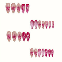 24-Piece Almond-Shaped Press On Nails - Mixed Color Gradient with 3D Flower Design and Glitter Accents, Glossy Finish, Short Length Nail Set - Includes Jelly Glue & Nail File for Women