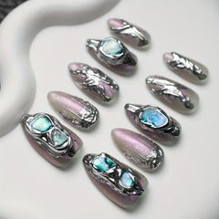 10pcs Handmade Long Almond Shape Press On Nails, Y2K Fake Nail, Glitter Full Cover Nails For Women