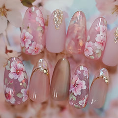 24pcs Set Of Almond-Shaped Press-On Nails With Cat Eye Effect & Sparkling Rhinestones - Medium Length, Pink & Mixed Colors, Floral Design For Women And Girls