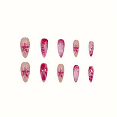 24-Piece Almond-Shaped Press On Nails - Mixed Color Gradient with 3D Flower Design and Glitter Accents, Glossy Finish, Short Length Nail Set - Includes Jelly Glue & Nail File for Women