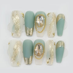 10 Pcs Handmade Nails Blue Press On Nails, Yellow Axe Drill Fake Nails With Exquisite Design, Matte Long Coffin False Nails Pregnant Students Available