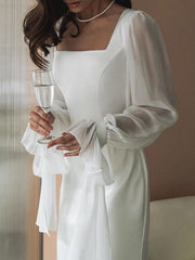 Flared Sleeves Skinny Gauze Pleated See-Through Solid Color Split-Joint Square-Neck Maxi Dresses