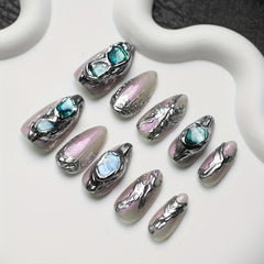 10pcs Handmade Long Almond Shape Press On Nails, Y2K Fake Nail, Glitter Full Cover Nails For Women