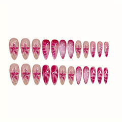 24-Piece Almond-Shaped Press On Nails - Mixed Color Gradient with 3D Flower Design and Glitter Accents, Glossy Finish, Short Length Nail Set - Includes Jelly Glue & Nail File for Women