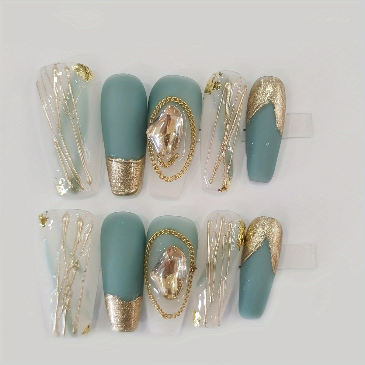 10 Pcs Handmade Nails Blue Press On Nails, Yellow Axe Drill Fake Nails With Exquisite Design, Matte Long Coffin False Nails Pregnant Students Available