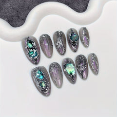 10pcs Handmade Long Almond Shape Press On Nails, Y2K Fake Nail, Glitter Full Cover Nails For Women