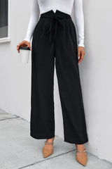 Perfee High Waist Ruched Tie Front Wide Leg Pants