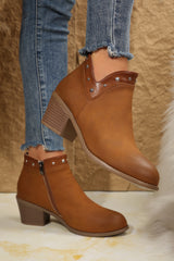 Chestnut Suede Buckle Decor Heeled Ankle Boots