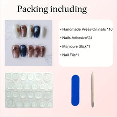 10 Pcs Handmade Nails Blue Press On Nails, Yellow Axe Drill Fake Nails With Exquisite Design, Matte Long Coffin False Nails Pregnant Students Available